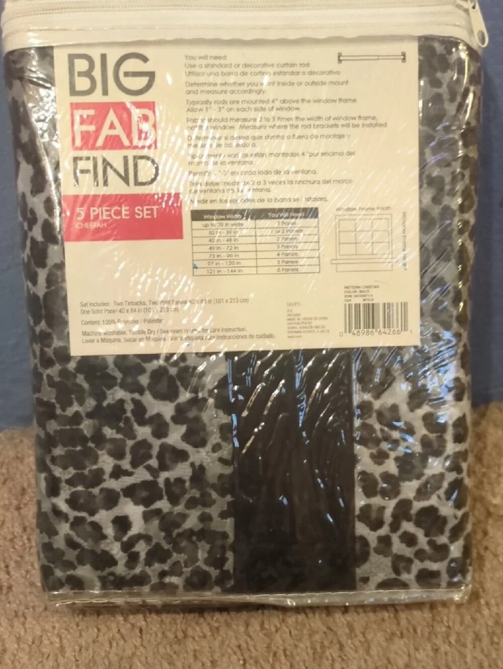 BIG FAB FIND 5-Piece Cheetah Sheer Curtain Set - Black & Gray New 84